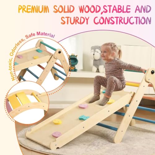 Pikler Triangle Set with Cushion, 7 in 1 Toddler Climbing Toys Indoor | Foldable Space-saving Design, Montessori-inspired Learning, Reversible Slide & Ramp, ASTM F963 Standards for Toddlers 18M-5Y - color: Rainbow