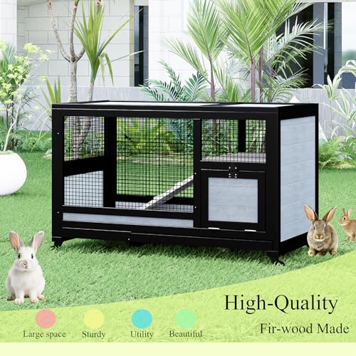Wooden Rabbit Hutch Indoor Outdoor Bunny Cage on Wheels, Mobile Rabbit House with Deep No-Leak Pull Out Tray, Ramp & Hideout, Large Wooden Small Animal Habitat for Guinea Pigs, Chinchillas (Black)