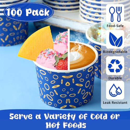 Jingmore 100 Pcs Ice Cream Paper Cups Bulk 8 oz Disposable Dessert Bowls for Hot or Cold Food Snack Treats Gift for Birthday Summer Party Favor Decoration(Blue Gold Ring) - style: Blue Gold Ring