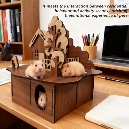 Wooden Hamster Cage, Multi-Level Natural Wood Hamster House with Ladder & Platform, Chewable & Roomy Habitat for Hamster, Mouse, Dwarf Hamster and Other Small Animals