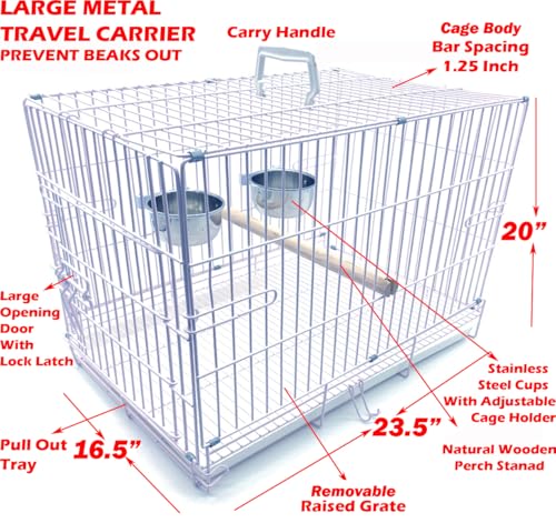 Large Portable Durable Metal Travel or Veterinary Easy Collapsable Parrot Bird Carrier Bite-Proof Carrier Cage Easy Clean Pull Out Tray Stainless Steel Feeder Bowls Natural Wooden Perch - color: White