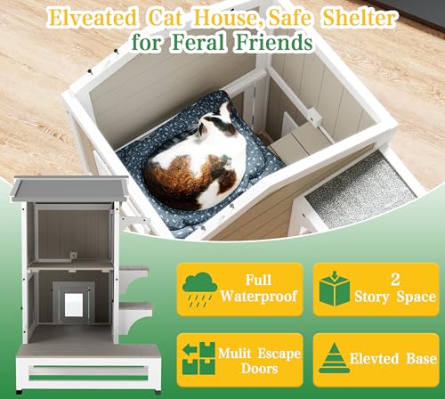 Outdoor Cat House Weatherproof Cats Shelter for Feral Kitten Pet Houses for 1-2 Small Animlas 2 Story Wooden Houses for Indoor Outdoor Cats with Escape Doors (29.7" D x 22.8" W x 35.4" H) - style: 29.7"D x 22.8"W x 35.4"H