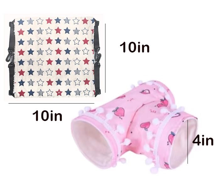 5 Pcs Hedgehog Adjustable Hammock with Hideout Tunnel Interactive Bell Ball Toys Stuffed Toy 3 Way Collapsible Small Pet Tunnels and Tubes Hedgehog Hide Hanging Bed for Cage Accessories - color: Pink