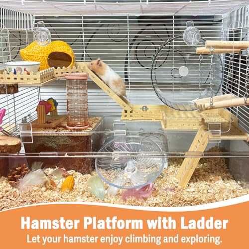Fhiny Wooden Platform for Cage, Hanging Gerbil Climbing Platform with Ladder & Fence - Hamster Activity Playground Habitat Decor Cage Accessories for Dwarf Hamster, Gerbil, Mice, Rat, Mouse