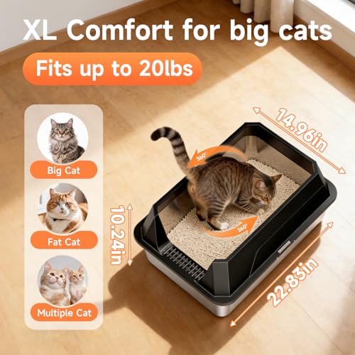 Stainless Steel Litter Box with High Sides, XL | High Sided Cat Litter Pan, Open Top Extra Large Metal Cat Litter Box, Non-Stick, Odor Free, Leakproof, Scoop Included,Black - color: Black