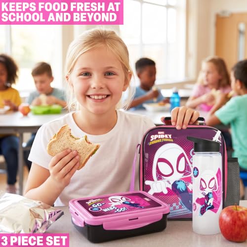 Get Trend Ghost Spider Girls Lunch Box 3Pc Set | Kids Insulated Lunch Bag with BPA-Free Water Bottle and Bento Box, Back to School Gifts for Girls - color: Multicolor Ghost Spider