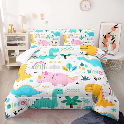 Nttopship Cute Cartoon Dinos Comforter Sets Queen Size for Kids, Cartoon Dinosaurs and Rainbows Comforter Sets All Season 1 Comforter and 2 Pillowcases - color: Cartoon Dinos, size: Queen