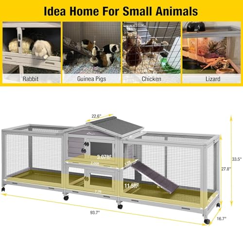 Aivituvin Rabbit Hutch 93.7" Large Rabbit Cage Indoor Outdoor Guinea Pig Cage Chicken Coop on Wheels Bunny Cage with 4 Deep No Leakage Pull Out Tray,Waterproof Roof - color: Light Grey