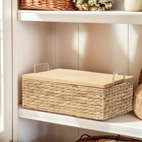 Handmade Water Hyacinth Woven Storage Basket with Lid, Multi - Functional Wicker Organizing Baskets (Set of 2) - size: Large and Small (Set)