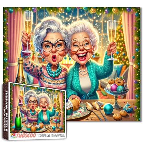 Freindships 1000 Piece Jigsaw Puzzles for Adult Grandma Celebrate Christmas Jigsaw Puzzle Old People Drinks Champagne 1000 Pieces Puzzles 20''x27”inch DIY Craft Puzzle Art Home Wall Decor - color: Artwork-36