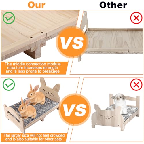 Large Wooden Rabbit Bed - Easy Assemble 20.4"x12.8" Pet Bed with Support Structure & Removable Cushion for Rabbits, Guinea Pigs, Kittens & Small Animals - Cozy Sleeping Habitat