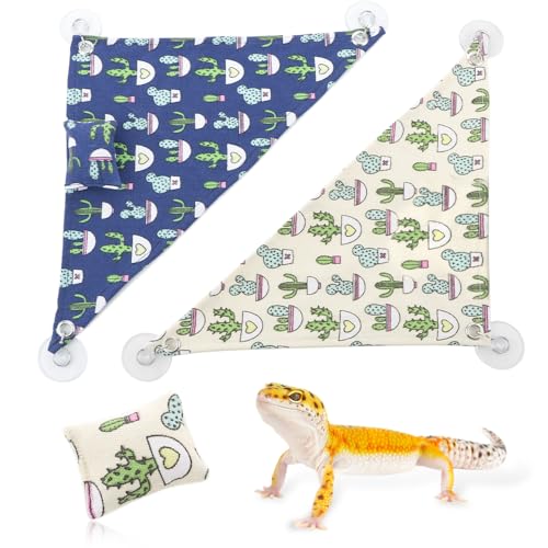 DQITJ 2 Pcs Reptile Hammock with Small Pillow Swing Hanging Bed Lounger Ladder with Adhesive Hooks and Suction Hook for Lizard Leopard Gecko Bearded Dragon Rat (Beige and Blue)