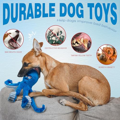 LEGEND SANDY Tough Dog Toys, Stuffed Chew Large Dog Toys to Keep Them Busy, Interactive Squeaky Tug of War Doggie Toy, Crinkle Blue Octopus | Interactive Tug of War Puppy Toys, Crinkle Stuffed Octopus for Small Medium and Large Breeds, Birthday Gift for P