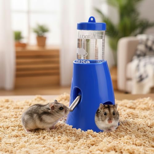 Hypeety Hamster Water Bottle with Hide Base No-Drip Water Dispenser, Blue | Leak-proof stainless steel nozzle, 2-in-1 with hideout , automatic feeder for hamsters/gerbils/mice, 2.71 fl oz/80ml, blue - color: Blue