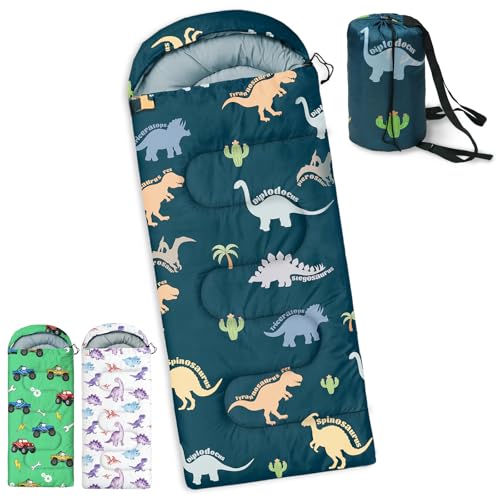 Kids Sleeping Bags - Camping Sleeping Bags with Carry Bag - Compact Sleeping Bag for Hiking, Backpacking 3 Season Warm & Cool Weather, Lightweight Waterproof Outdoor Travel for Boys Girls - color: Green Dinosaur
