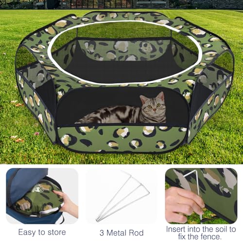 Pawaboo Small Animal Playpen with Zippered Cover, Leopard Print | Portable pop-up pet tent for supervised rabbits, guinea pigs, chicks and kittens; water-resistant bottom and 3 metal rods - color: T-Leopard Print