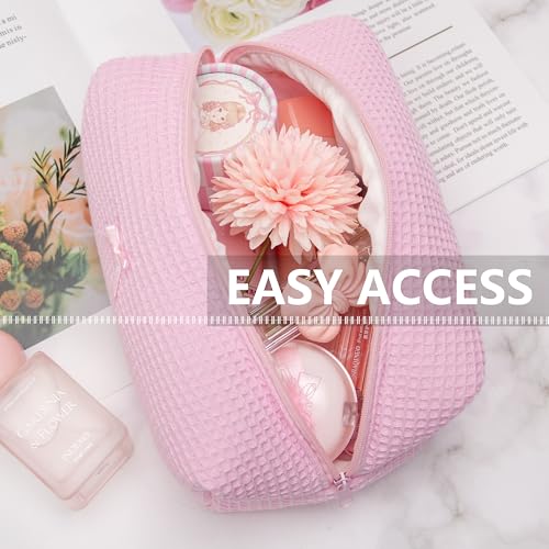 PAZIMIIK Cozy Makeup Bag for Women,Zipper Cosmetic Pouch,Waffle Candy Pink | Soft Cosmetic Organizer for Makeup,Skincare,Toiletries,Daily Beauty Essentials,Purse,On-the-Go,Bridesmaid Gifts - color: Waffle Check Pink