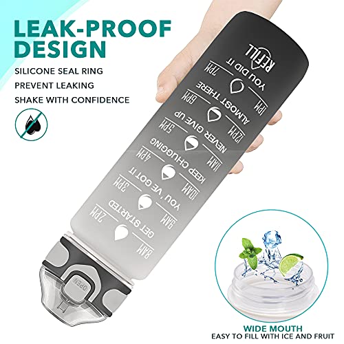 Enerbone 32 oz Drinking Water Bottle with Times to Drink and Straw, Motivational with Carrying Strap, Leakproof BPA & Toxic Free, Ensure You Drink Enough Water for Fitness Gym Outdoor - color: Gray-Black