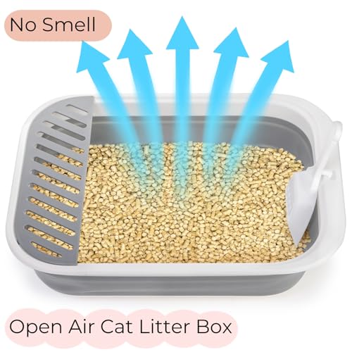 Tlence Collapsible Small Cat Litter Box, 17.7'' Open Foldable Kittens Potty with Scoop, Shallow Anti Splash Travel Cat Toilet, Semi Enclosed Height Adjustable Sides Litter Pan for Sick Frail Cat Grey