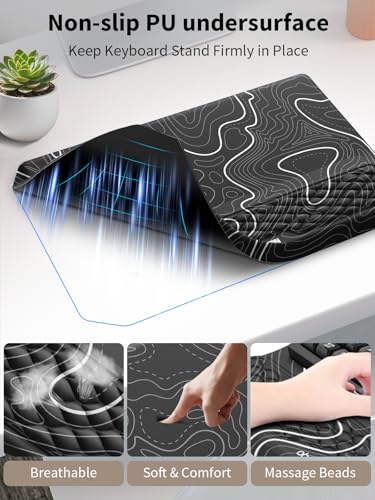 3-in-1 Ergonomic Keyboard Stand with Wrist Rest & Mouse Pad Set,Topographic | Comfy Keyboard Riser Holder Soft Mousepad with Massage Design, Memory Foam and Non-Slip PU Base for Pain Relief - color: Black Topographic