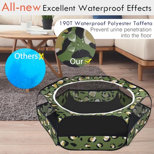 Pawaboo Small Animal Playpen with Zippered Cover, Leopard Print | Portable pop-up pet tent for supervised rabbits, guinea pigs, chicks and kittens; water-resistant bottom and 3 metal rods - color: T-Leopard Print