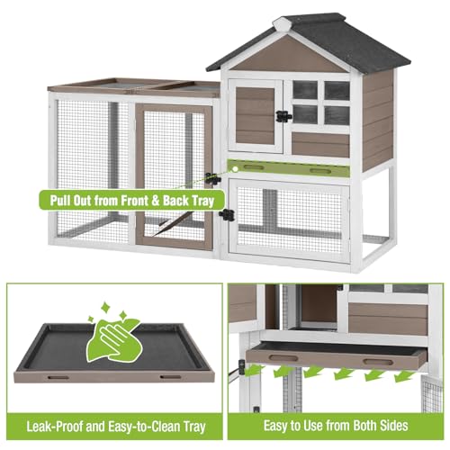 GUTINNEEN 51.6" Large Rabbit Hutch with Chew-Proof Ramp, Small Chicken Coop with Run for Outdoor, Indoor Bunny Cage Guinea Pig House with Leak-Proof Tray (Brown)