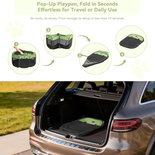 Dog Playpen for Small Dogs & Puppies, 29.92" Portable Indoor Outdoor Puppy Playpen with Bowl, Waterproof Floor, Foldable Pop-Up Pet Pen for Home, Travel & Daily Use, Green+Black - color: Green+Black, size: S(29.92"x29.92"x16.5")