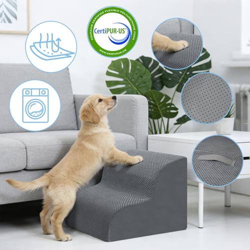 Dog Stairs for Small Dogs, 2-Steps Dog Ramp for Couch, Pet Stairs with Highly Supportive Foam and Non-Slip Bottom, Pet Steps for Cat & Doggie (High 11.8Inch)