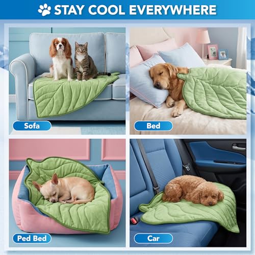 PetAmi Dog Cooling Mat, Leaf Shape, Pet Pad with Cooling Nylon & Soft Fleece, Q-Max > 0.4 Reversible All Season Blanket for Dogs & Cats, Small 32x39 in, Sage Green - color: Sage Green, size: Small