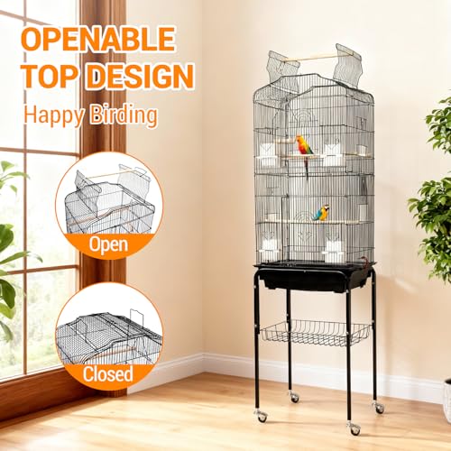 Garvee Open Top Large Parrot Bird Cage, Hanging Bird Cage with Detachable Rolling Stand and Storage Shelf, Playtop Parrot Cages Heavy-Duty Pet Birds House for Cockatiel Black