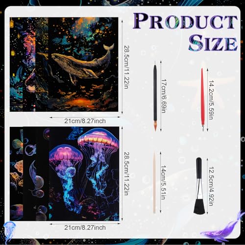 Gersoniel 8 Pack Scratch Paper Art Glow in The Dark Scratch Kit for Adult Rainbow Painting Paper Sheet with Pen / Cleaning Brush Noctilucent Engraving Scratchboard for Adults Craft Gift, Stress Relief - color: Whale,Jellyfish