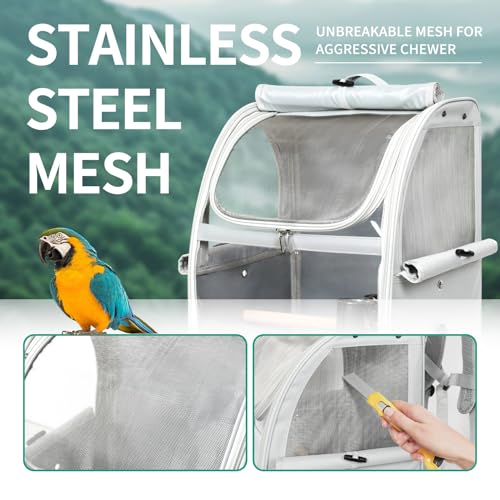 Bird Carrier Bag, Bird Travel Cage with Standing Perch and Indestructible Stainless Steel Mesh, Protable Transparent Breathable Carrier with Feeder Cups for Small Birds Parrot Parakeet, Grey - size: 16.0"L x 13.0"W x 10.0"H