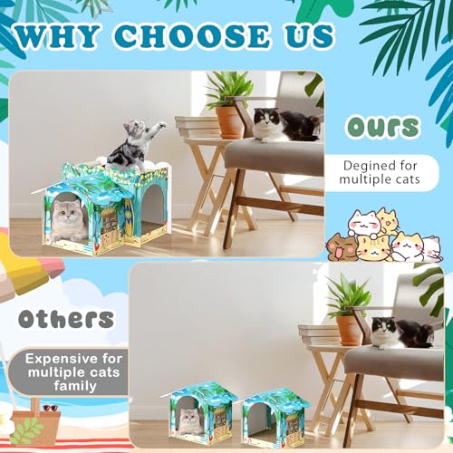 Lineshading 2 Story Cardboard Cat House with Scratcher Pad, Multi Level Durable Cat Scratcher House for Small Kitten Bunny Rabbit Animals Christmas Birthday Gift(17x12x10,Hawaii) - style: Hawaii