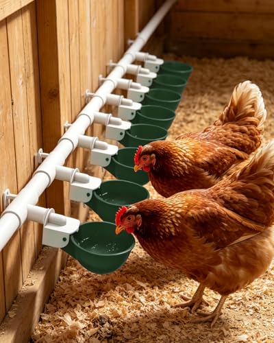 Chicken Waterer Cups (8 Pack) with 3/8" Drill Bit - Green | Automatic Poultry Drinker Feeder Kit for Chickens, Ducks, Turkeys, Quail, Bunnies | DIY Gravity Fed Bucket Water Dispenser - color: Green, size: 8 Pack + Drill bit