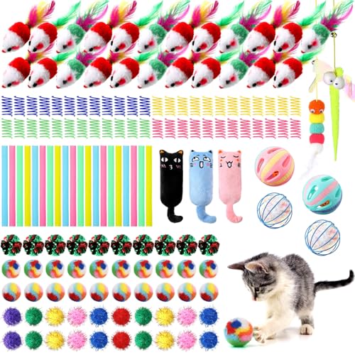 Shappy 150 Pcs Cat Toys for Indoor Cats Bulk, Kitten Toys Pack, Variety Interactive Gift Including Mice Rainbow Balls Spring Crinkle Balls Gift for Kitty Kitten Cat(Funny) - style: Funny
