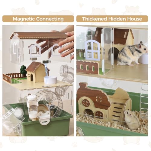Acrylic Hamster Cage Clear Hamster Habitat with Running Wheel & Hideout | 2-Tier Hamster House with Tubes and All Accessories, Easy to Clean, Suitable for Small Hamsters, 13.3''* 9.8''* 17.4'', Green - color: Green