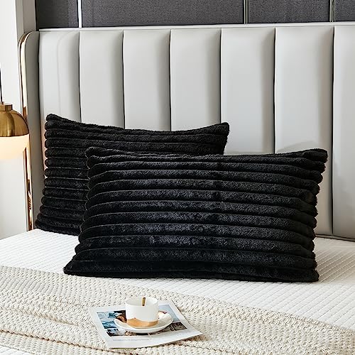 Bed Pillowcase Standard Set of 2 Striped Faux Rabbit Fur and Velvet Back Rectangle Lumbar Pillow Covers Shams Modern Home Decorative (Black, 20 x 26 Inch) - color: Black, size: 26" x 20" (Pack of 2)
