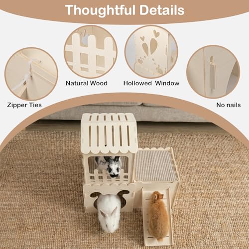 Extra Large Rabbit Castle, Wooden Bunny House & ,Detachable Rabbit Hideaway, Indoor Hamster Castle with Ramp, Small Animal Houses & Habitats for Guinea Pig Chinchilla Ferret(3 House with Sisal Mat) - size: 3 House with 2 Mat