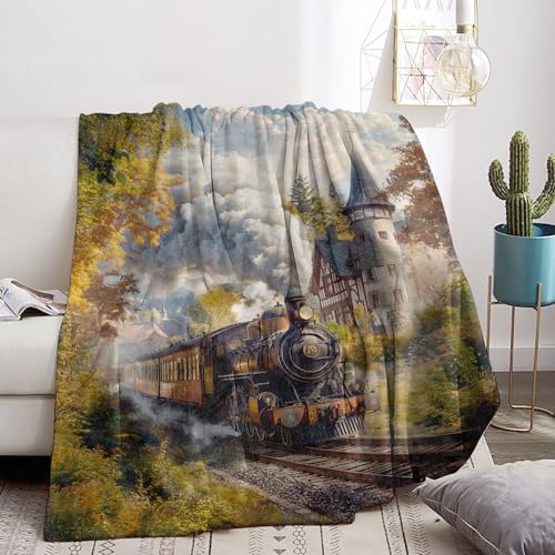 Vintage Train Blanket Soft Cozy Flannel Throw Blanket for Men Women Adults Kids - Warm Yet Lightweight Blankets for Travel, Bed, Couch, Fuzzy Outdoor Comfort Wrap 60"×50" - color: Train, size: 60x50 Inch