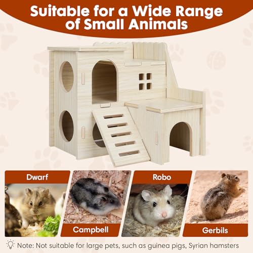 YooxArmor Wooden Hamster Hideout Maze, Natural Wood House with Climbing Ladder, Small Animal Habitat for Dwarf Campbell Robo Hamsters Gerbils