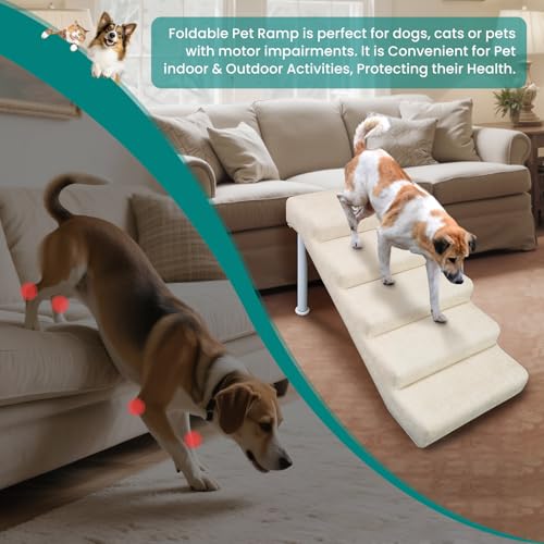 Dog Stairs for High Bed & Couch, Adjustable 5 Step Pet Steps | 19.7" Wide, For Small, Medium & Large Dogs, Non-slip Linen Faux Leather, Holds up to 150 lbs, Adjustable Height 18.5"–21.7"