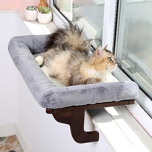 Zakkart Cat Perch for Window Sill with Bolster - Orthopedic Hammock Design with Premium Hardwood & Robust Metal Frame - Cat Window Seat for Large Cats and Kittens - Dark Stained Wood Gray Bed, 24''W - color: Dark Stained Wood with Gray Bed, size: 24''L x