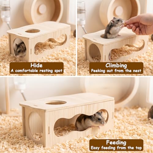 Hamster Tunnel Hideout Wooden House, Medium Wooden Hamsters Inspired Tunnels Hamster with Side Top Windows Peep Tunnels Chamber Hideout Tunnel Smooth Streamlined Design for Dwarf and Syrian Hamsters