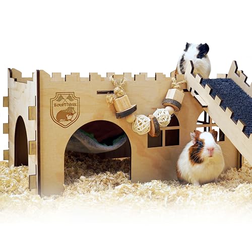 SoulThink® Large Guinea Pig Hideout & House - Easy to Assemble Wooden Guinea Pig Castle with Hammock, Ramp and Toys Accessories Habitat Suitable for Hamsters and Chinchilla - color: Comfy Hammock