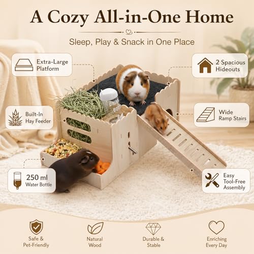 Large Guinea Pig Hideout, Hamster Hideout, with ramp, Easy to Assemble, Sturdy Wooden Small Animal Bed Platform, with Water Bottle, Granary, Used for Small Animal House Habitat or Hamster Hideout - color: Feeder