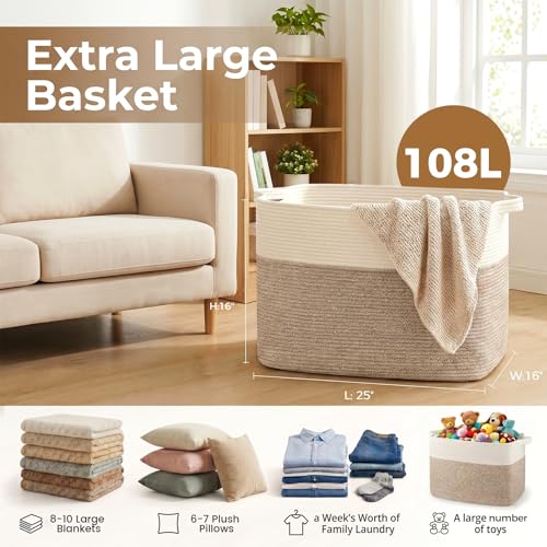 OIASKET 108L Cotton Rope Storage Basket for Living Room and Bedroom 25"x16"x16" Woven Laundry Basket, Heavy Duty Bin for Blankets, Pillows & Toys, Pet-Safe & Scratch-Free, Brown and White - color: Brown & White