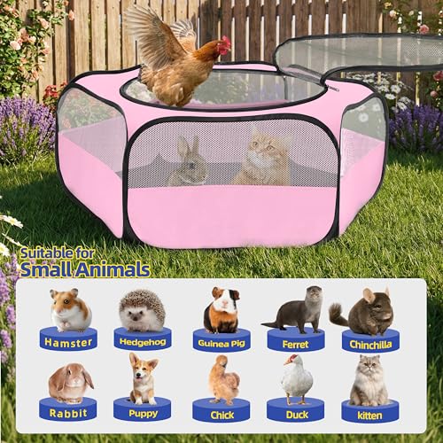 Small Animal Playpen with Mesh Cover & Waterproof Bottom Cat Tent Chicken Brooder Rabbit Guinea Pig Cage Playpen for Small Animals Indoor Outdoor Use - color: Pink