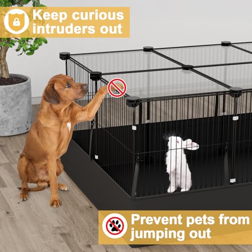 Tresbro Guinea Pig Cage with Top Cover & 12 Panels, Triple Fixing Measures Small Animal Playpen with Waterproof PVC Liner & One-Motion Hooks, 48 x 24 x 16 C&C Grids Cage for Bunny, Hedgehog, Hamster - size: 12 Panels-with roof