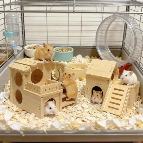 Wood Hamster House Set of 2 Tiny Wooden Hideout Castle Double-Decker Hut Multi-Chamber Maze Wood House with Slide, for Dwarf Hamster, Gerbil, Mouse, Guinea Pig Small Animals(Only for Small Hamster)