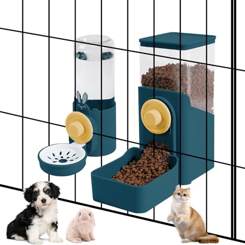 Hanging Automatic Pet Food and Water Dispenser, Auto Gravity Rabbit Ferret Bunny Hedgehog Feeder Water Dispenser Sets, Cat Dog Food and Water Dispenser Food Bowl for Cage Hanging (Dark Blue)